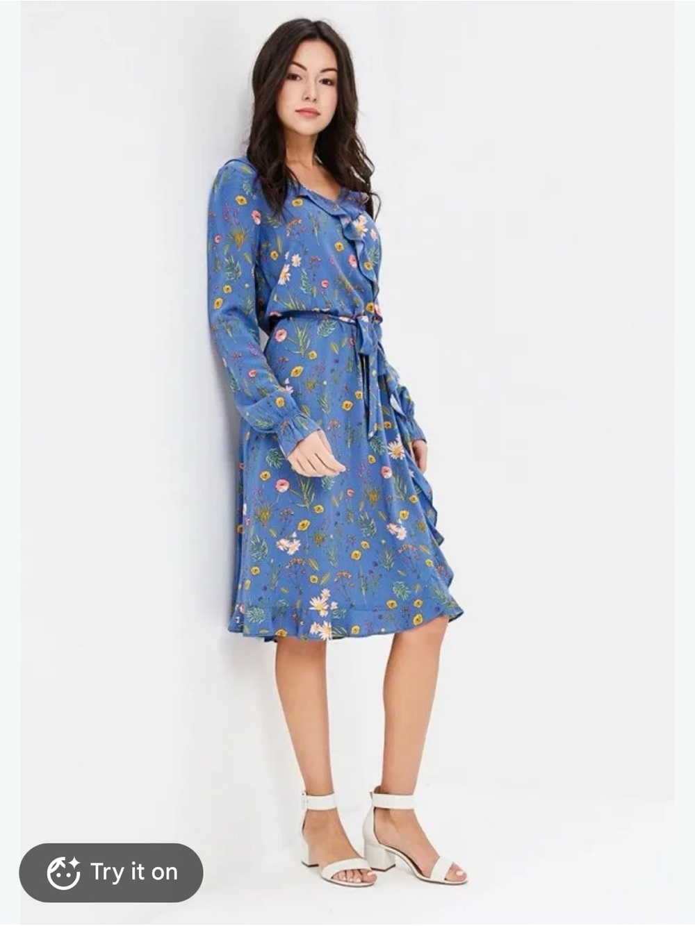 Tom Tailor Blue Floral Ruffle Tie-Waist Long Sleeve Dress size xs